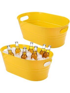 Set of 2 Yellow Metal Galvanized Beverage Tubs with Handles - 3 Gallon Drink
